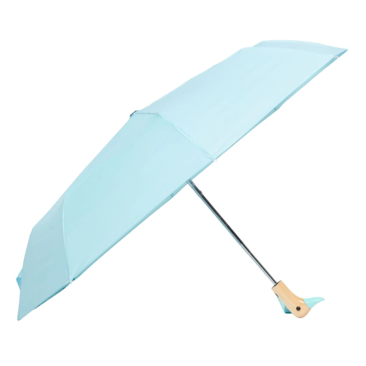 Light blue umbrella with a wooden handle on a white background