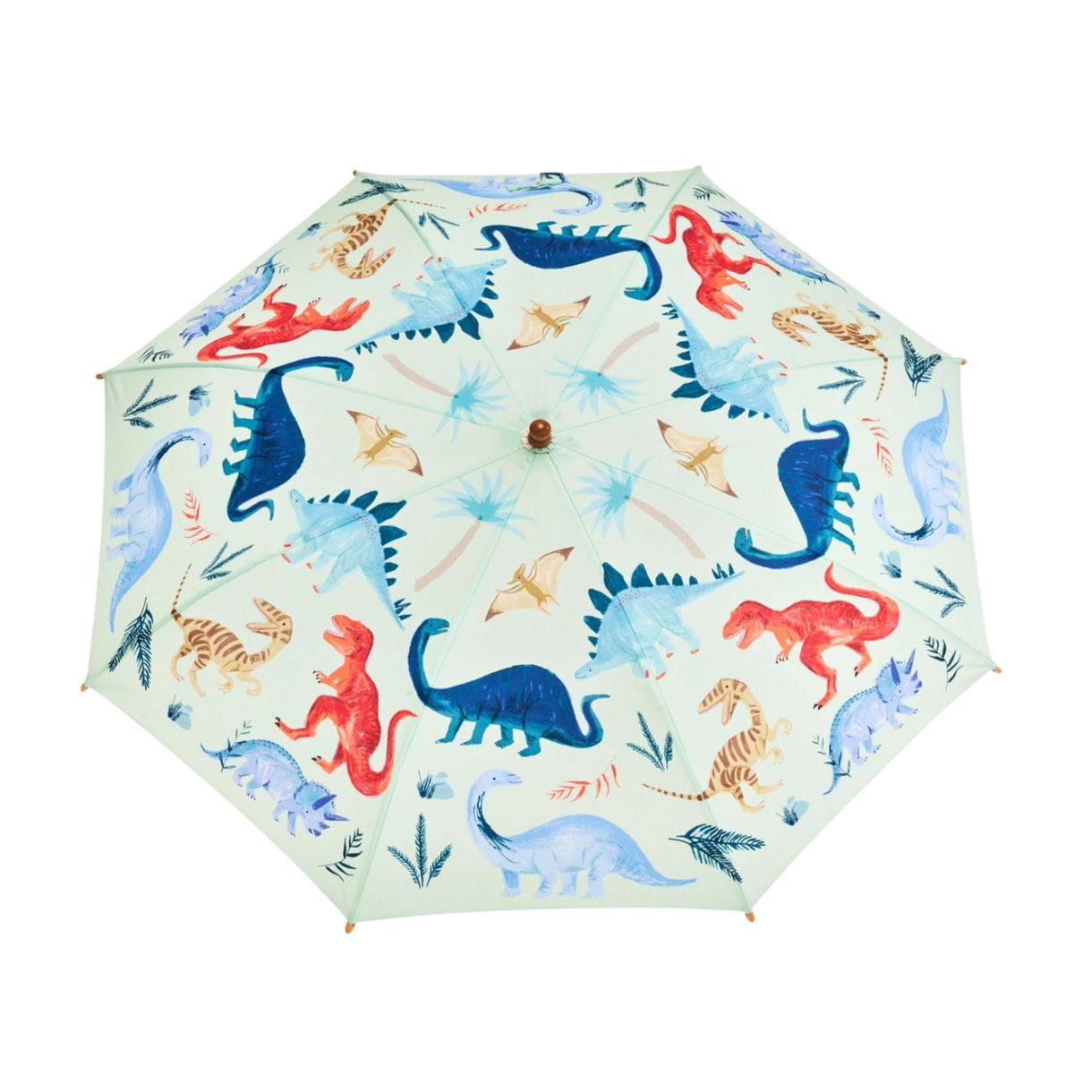 Umbrella with colorful dinosaur pattern on a white background