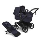 Navy blue stroller with black accents on a white background