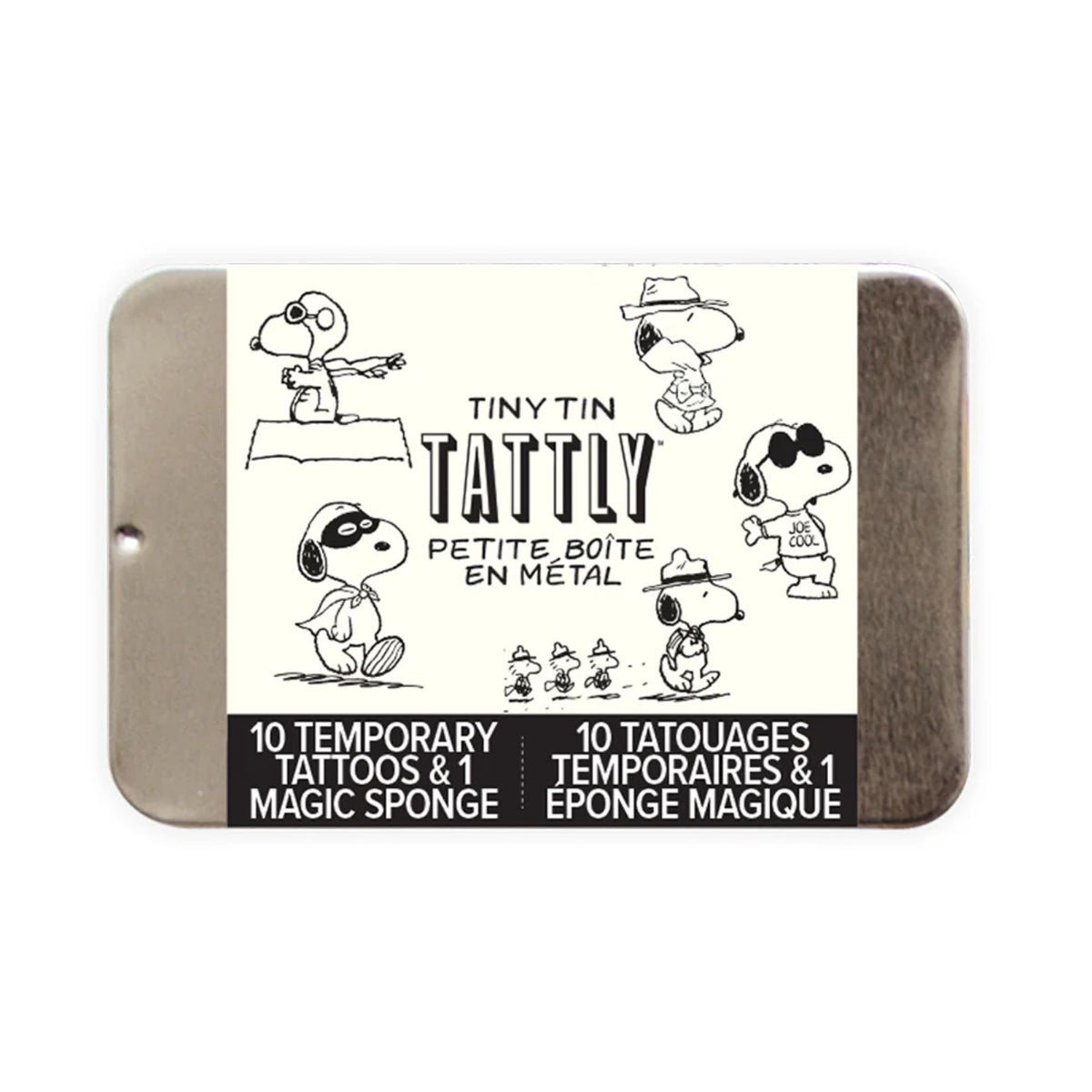 Tattly temporary tattoos tin with Snoopy illustrations on a white background