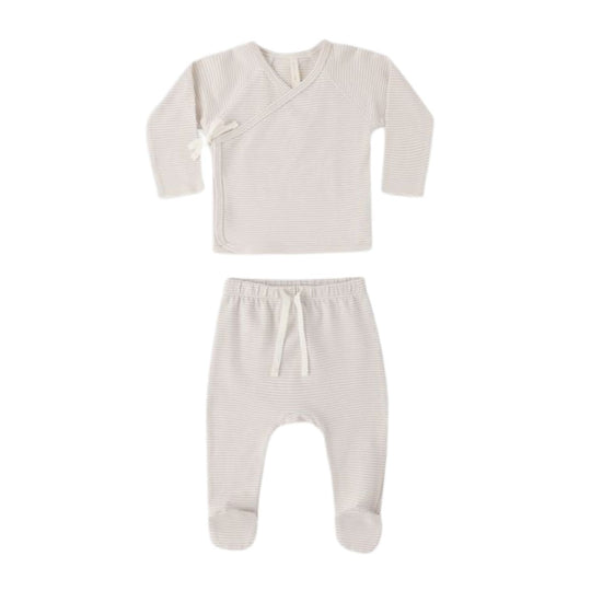 Wrap Top + Footed Pant Set - Oat Micro Stripe by Quincy Mae