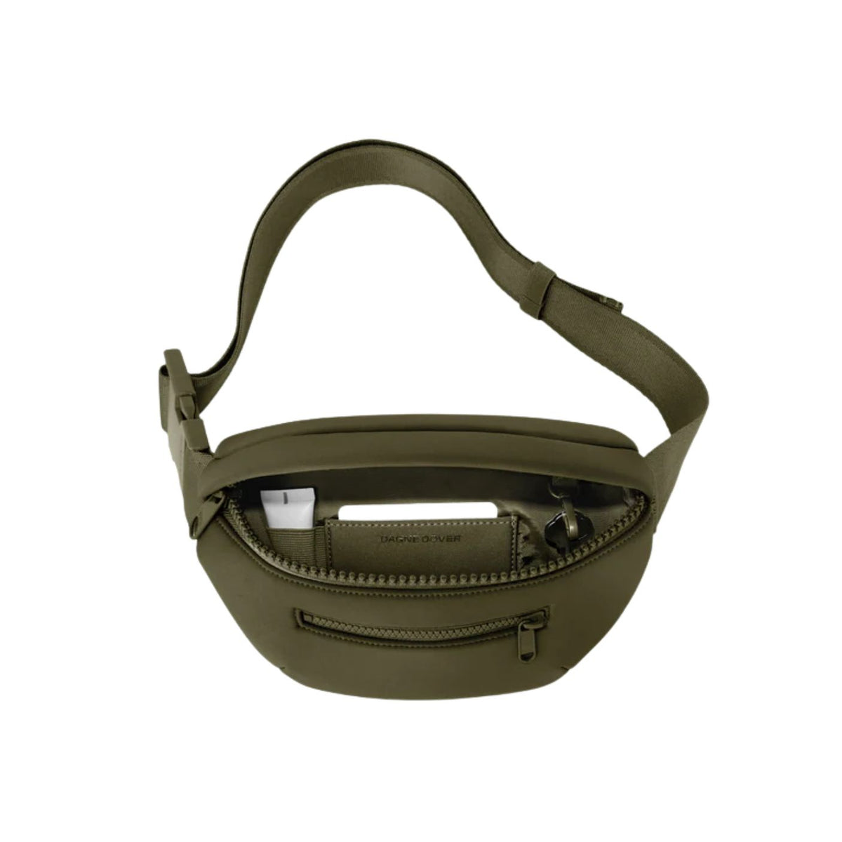 Green waist bag with a strap on a white background
