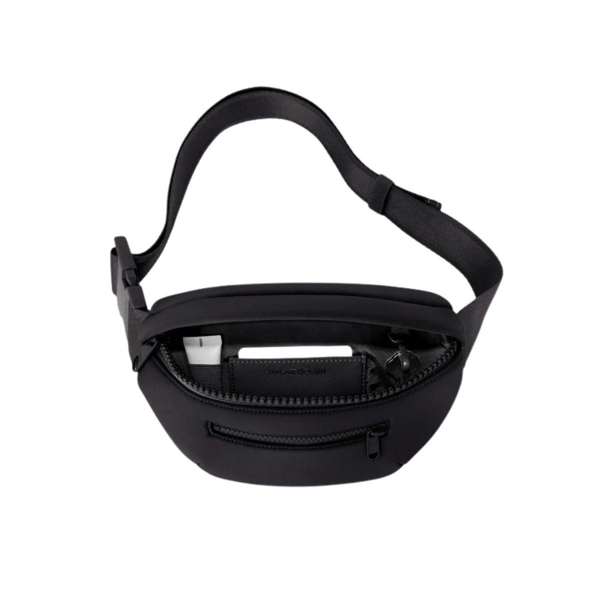 Black waist bag with a strap on a white background