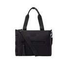 Black handbag with a shoulder strap on a white background