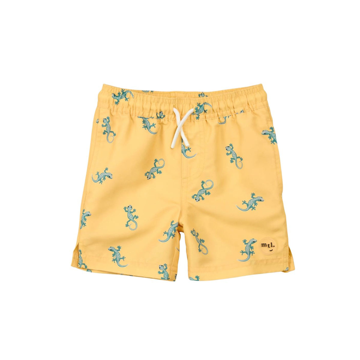 Yellow shorts with blue lizard pattern on a white background