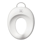A white plastic baby potty seat with an integrated carrying handle and a printed Baby Tiern bear logo in the center, shown on a solid white background.