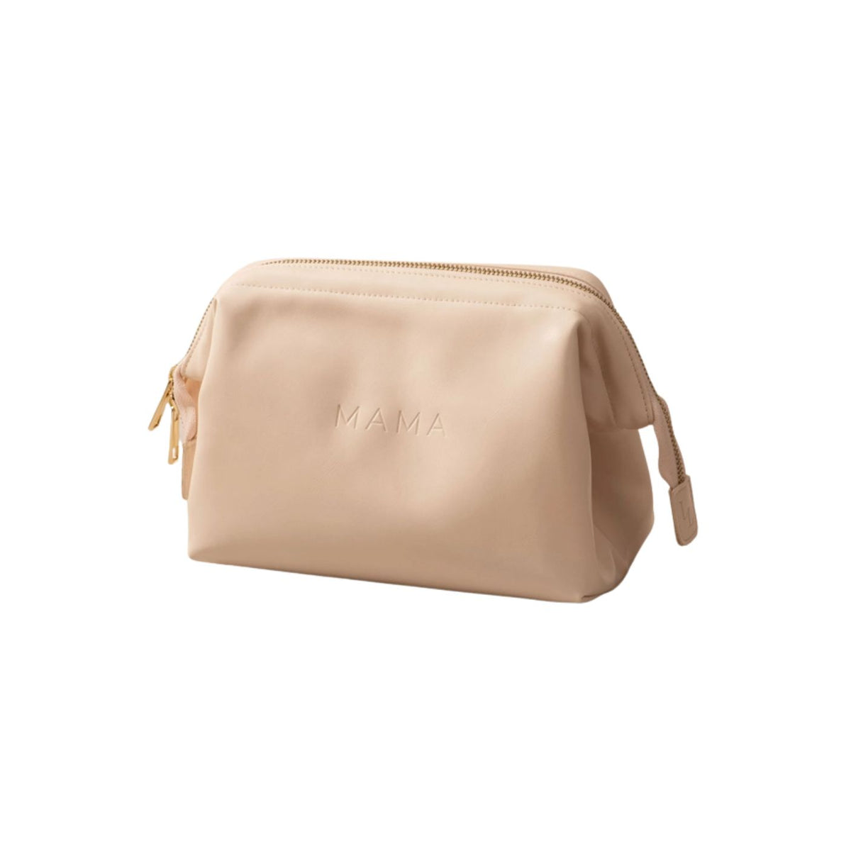 Beige pouch with 'MAMA' embroidery on a white background