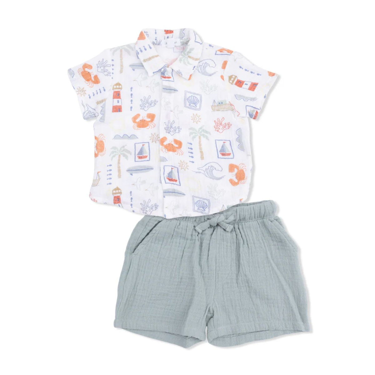 Children's outfit with a patterned shirt and shorts on a white background