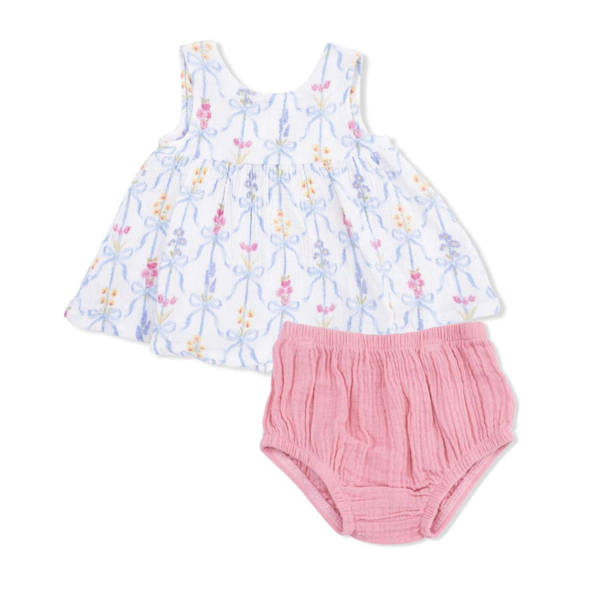 Baby girl's two-piece outfit featuring a white sleeveless romper printed with a pastel lavender and yellow scrollwork floral pattern, paired with pink gauze bloomers.
