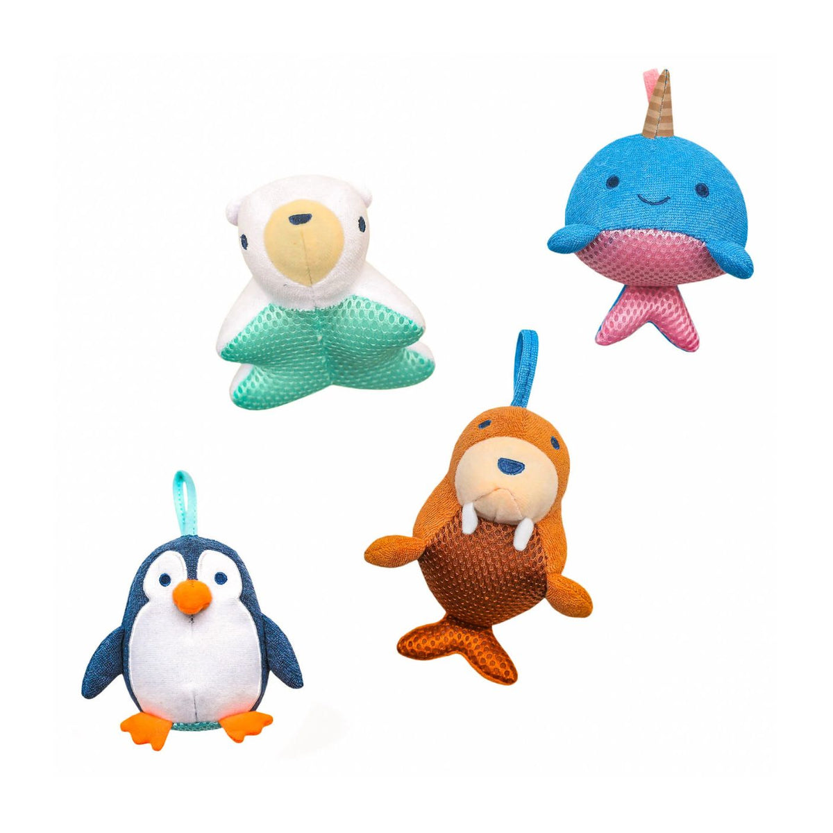 Set of four colorful plush toys including a penguin, narwhal, and others on a white background