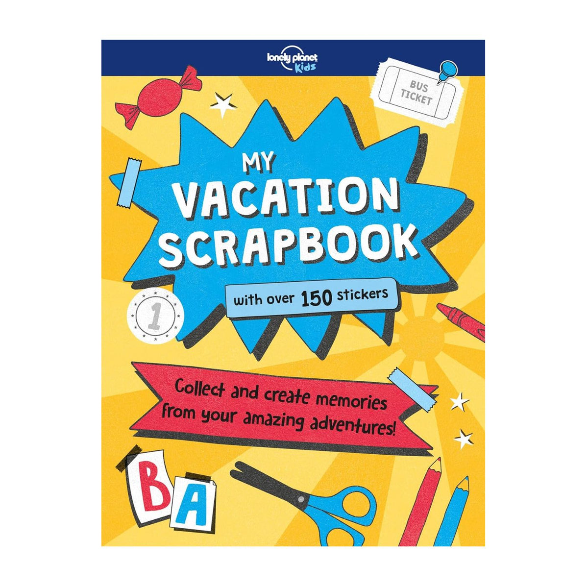 Vacation scrapbook with stickers and colorful design on a yellow background