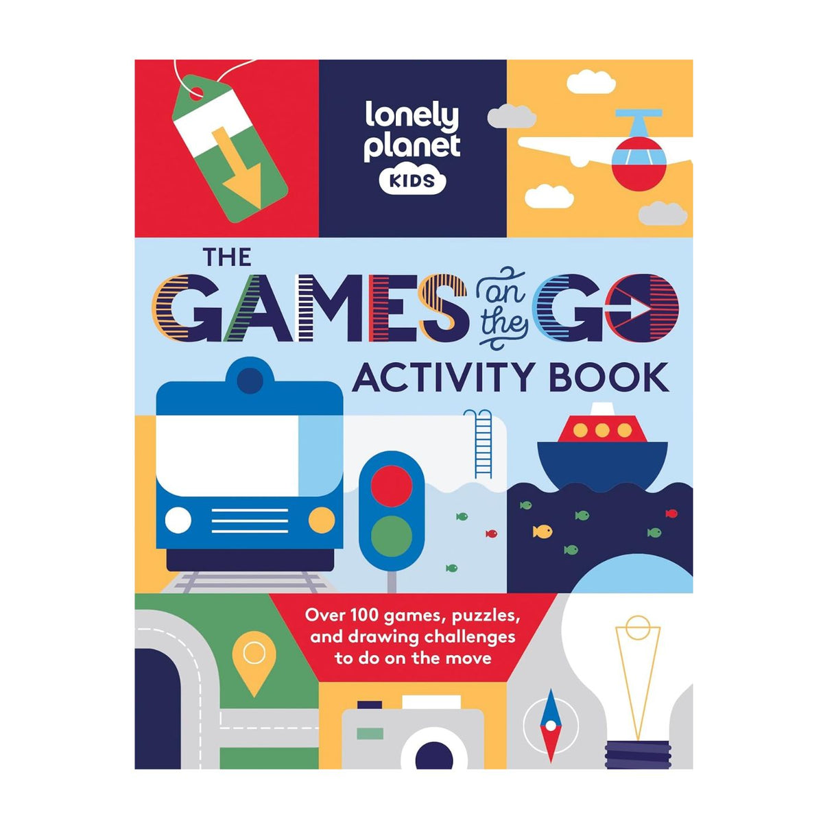 Activity book cover titled 'The Games on the Go Activity Book' by Lonely Planet Kids with colorful illustrations.