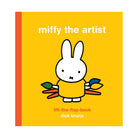 Front cover of the children's lift-the-flap book 'miffy the artist' by Dick Bruna, featuring a bright yellow cover with a white rabbit character holding paintbrushes and an orange spine strip.