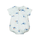 Baby romper with blue and orange patterns on a white background