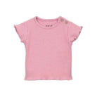 A pink short-sleeve ribbed knit baby top with shoulder buttons, shown flat against a white background.