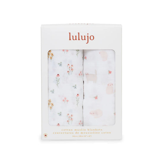 Two Pack Cotton Muslin Swaddles - Kitty Cat & Flower Field by Lulujo