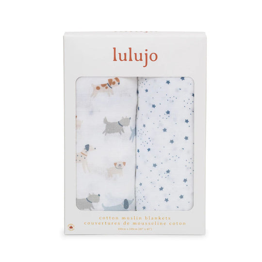 Two Pack Cotton Muslin Swaddles - Puppy Dog & Stars by Lulujo