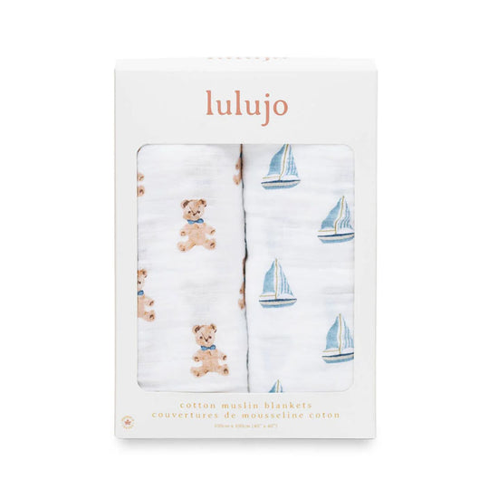 Two Pack Cotton Muslin Swaddles - Vintage Bears & Sailboats by Lulujo