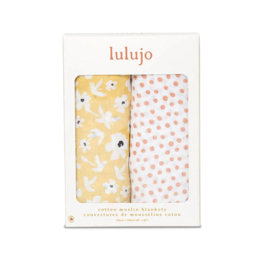 Two Pack Cotton Muslin Swaddles - Yellow Wildflowers & Dots by Lulujo