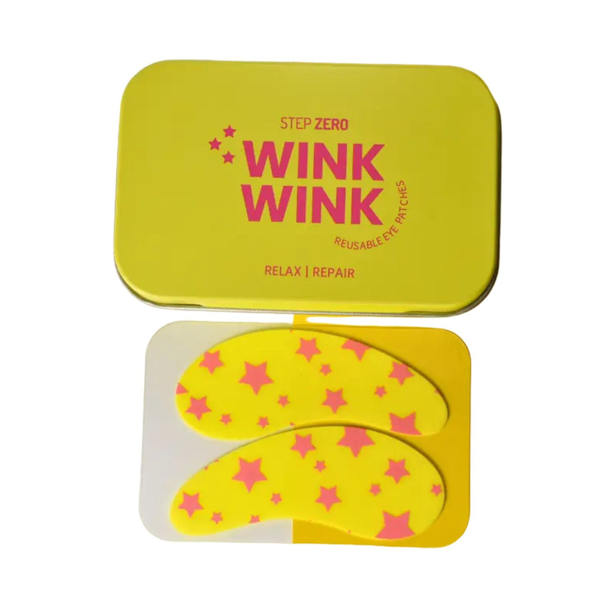 Yellow and pink eye patches with 'Wink Wink' branding on a white background