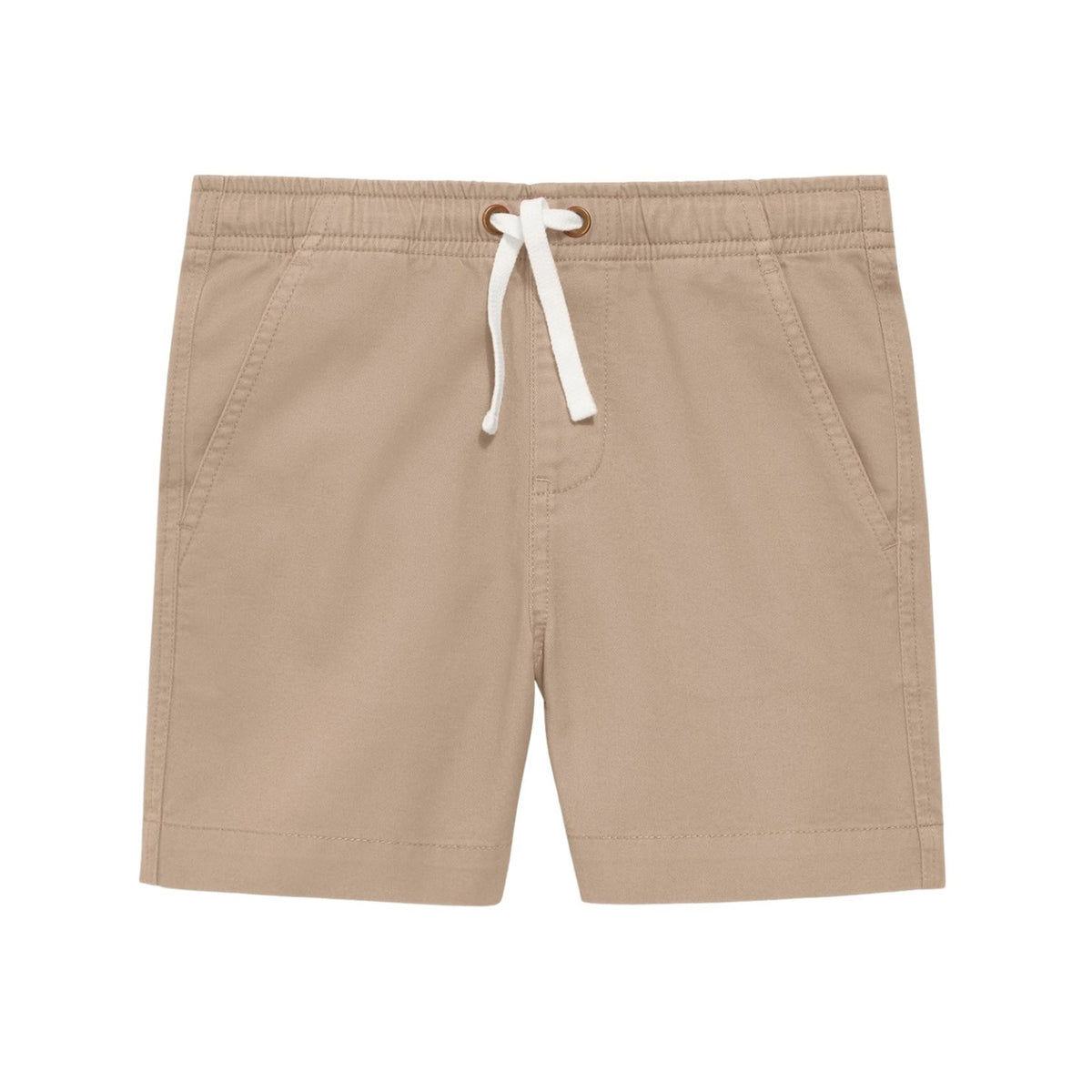 Beige shorts with a white drawstring on a white background