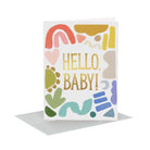 Greeting card with colorful abstract shapes and 'Hello Baby!' text on a white background