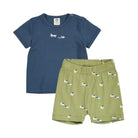 Children's blue t-shirt and green shorts set with dog pattern on a white background