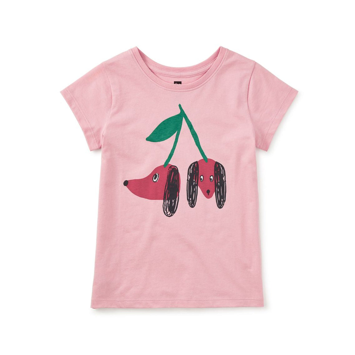 A pink short-sleeve kids' t-shirt featuring a graphic of two cherry-shaped dogs hanging from green stems, shown on a plain white background.