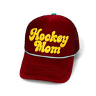 Red cap with 'Hockey Mom' text on a white background
