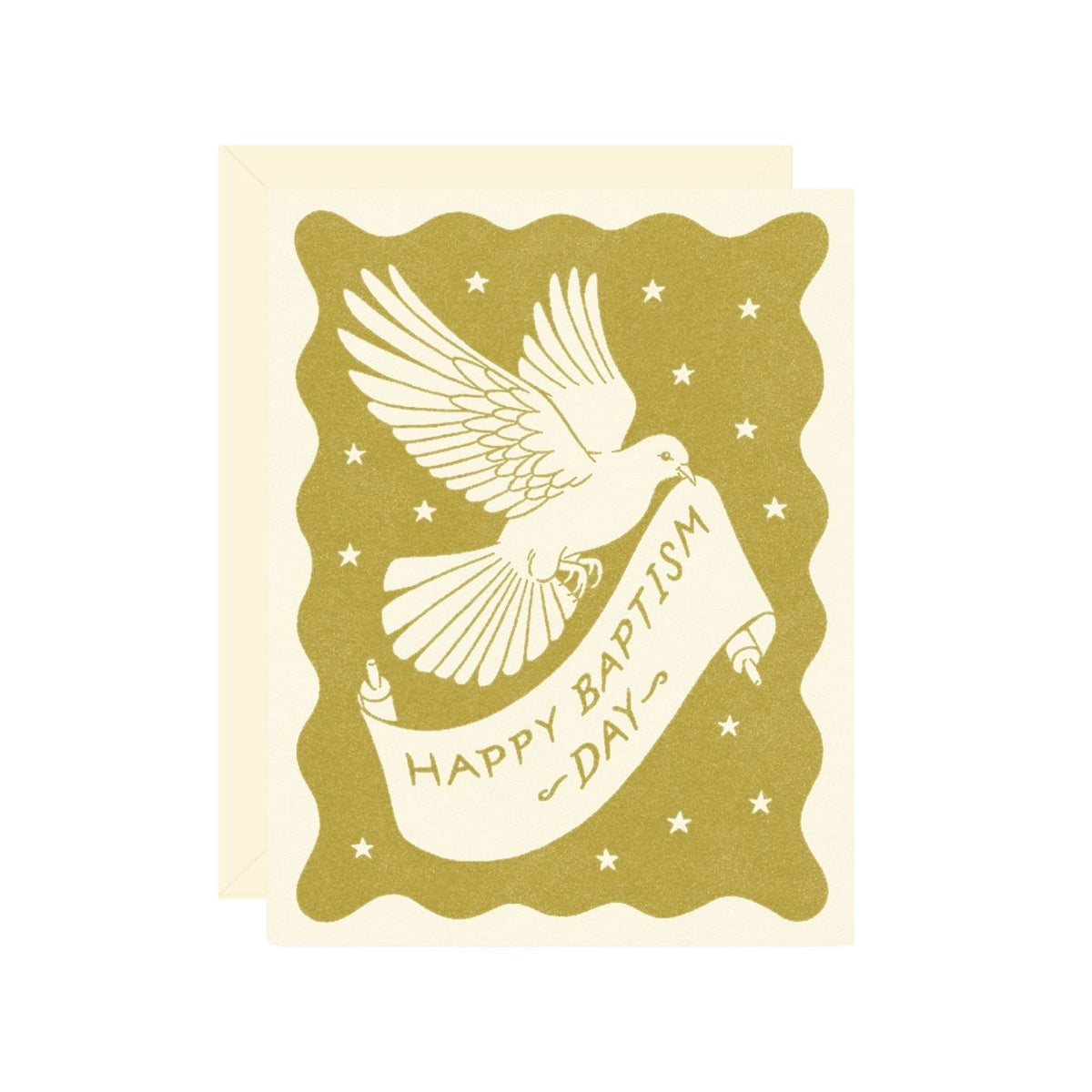 Greeting card with a dove and 'Happy Baptism Day' text on a beige background