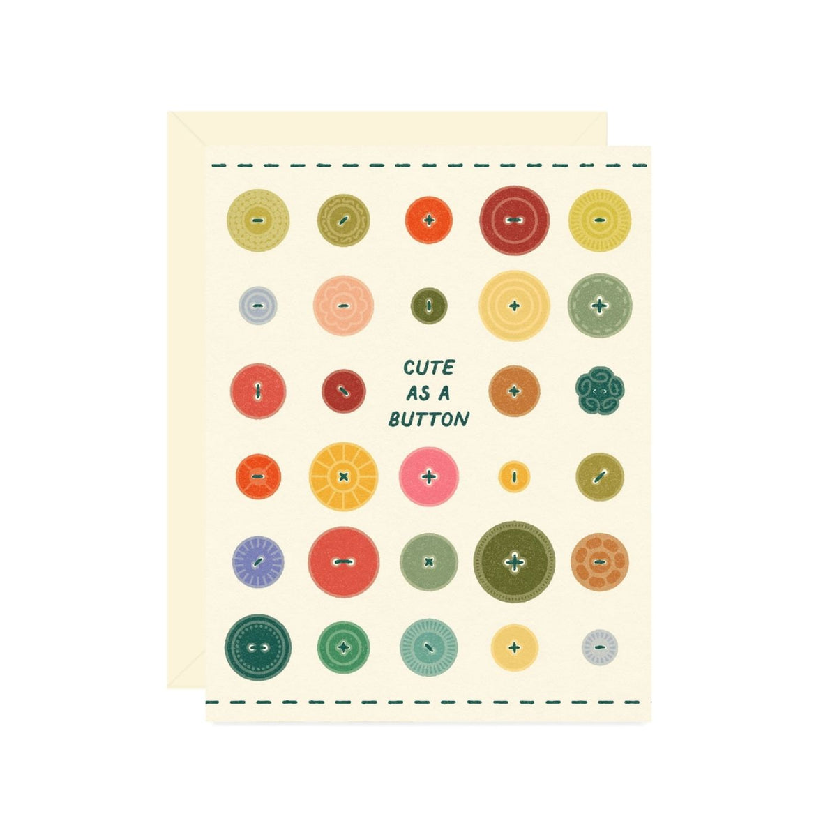 Notebook with colorful button pattern and 'Cute as a Button' text on beige cover