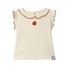 White sleeveless top with orange trim and a red apple design on a white background