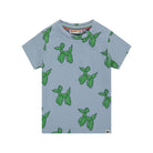 Light blue t-shirt with green balloon dog pattern on a white background