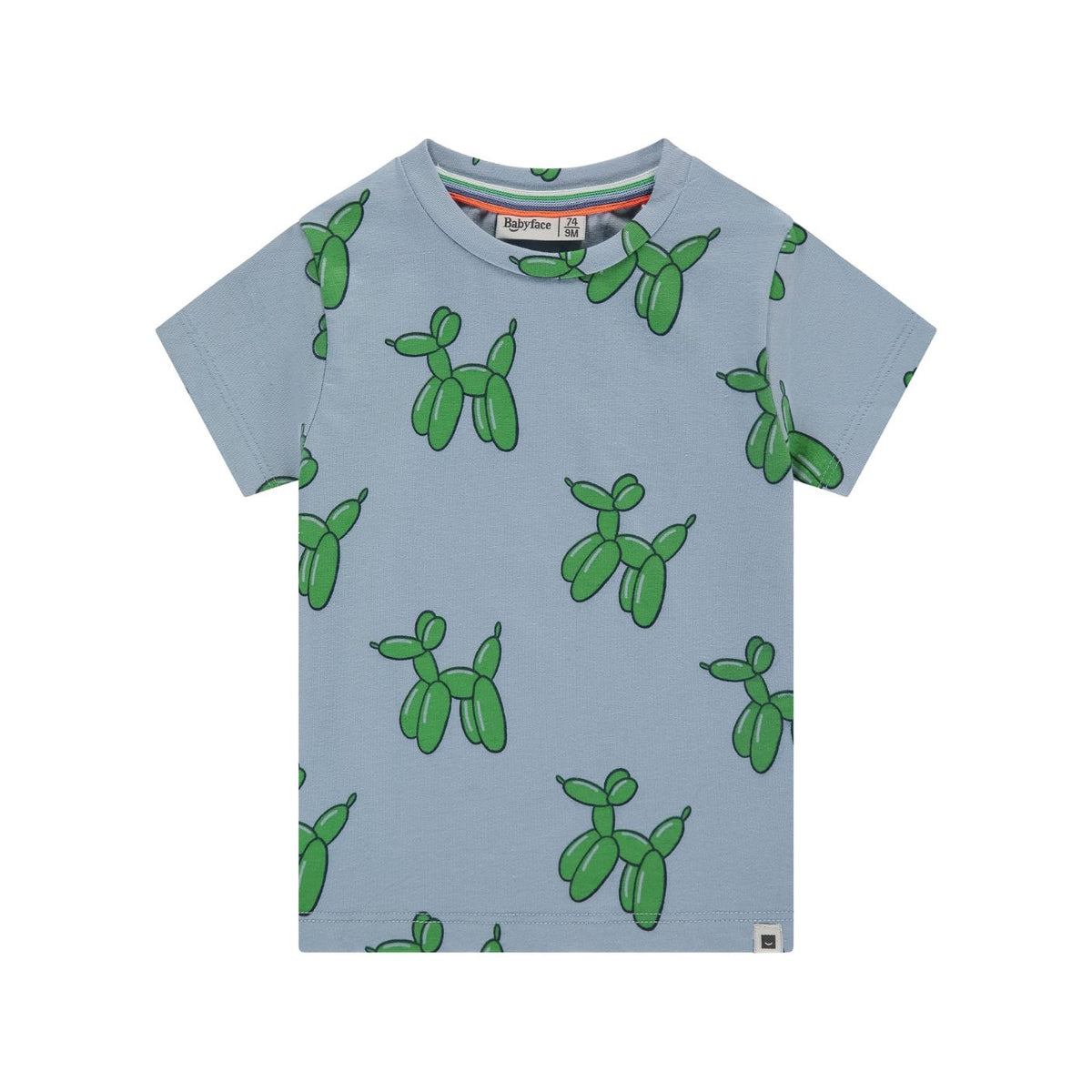 Light blue t-shirt with green balloon dog pattern on a white background