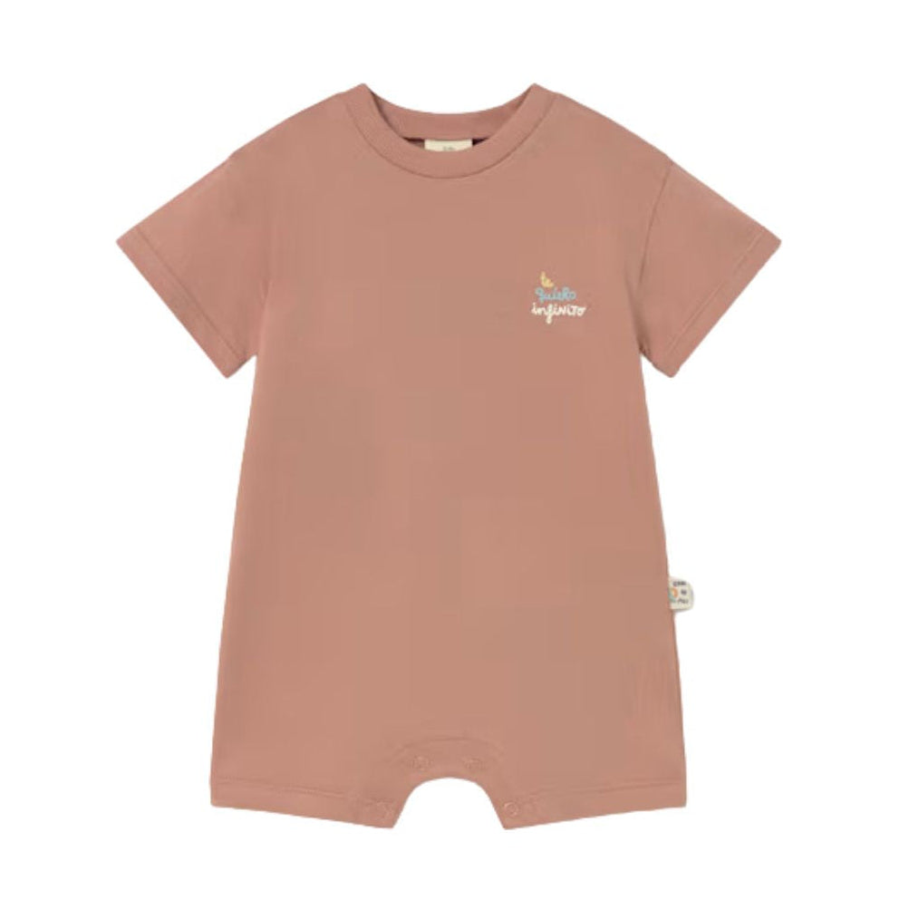 Brown baby romper with a small logo on a white background