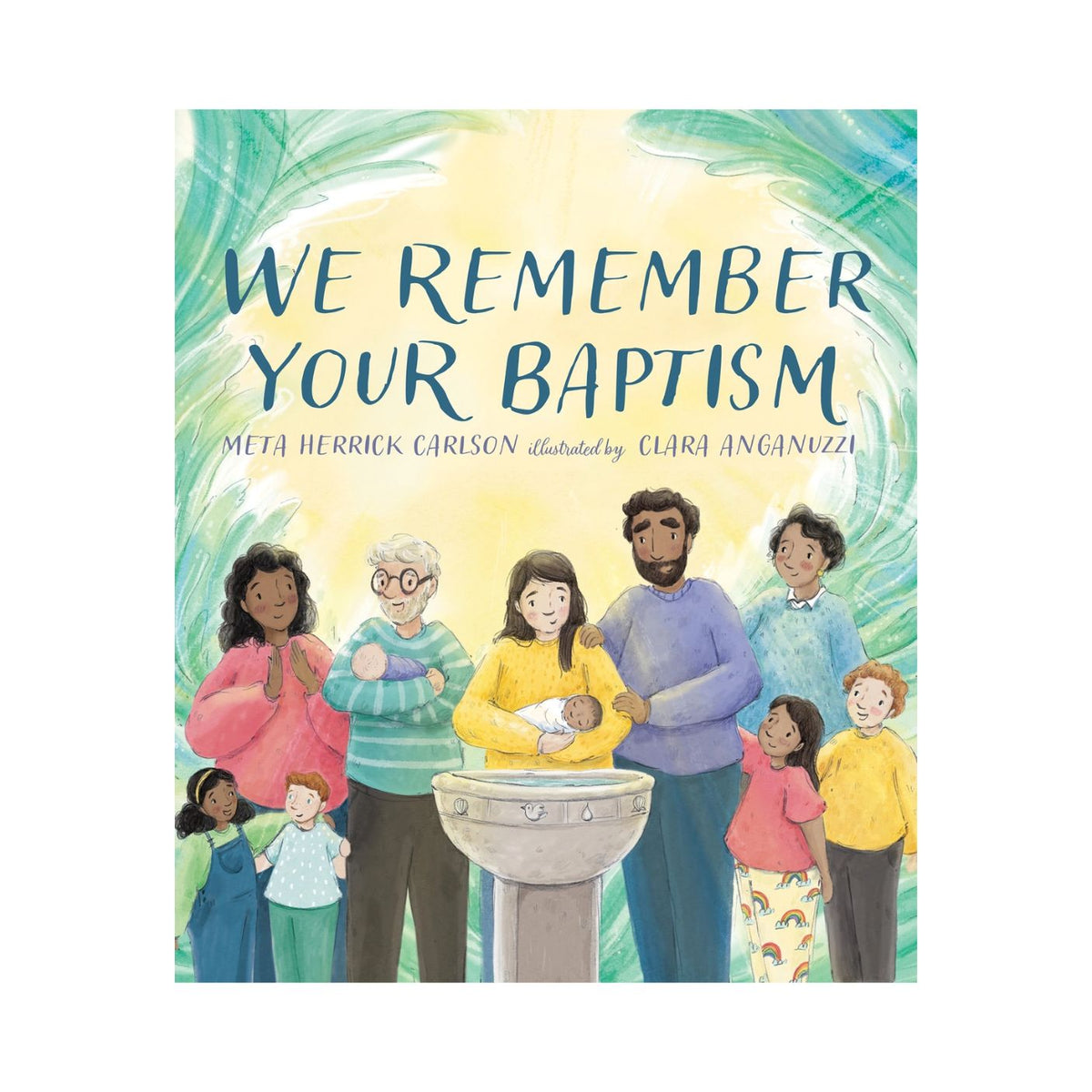 Book cover of 'We Remember Your Baptism' with a family around a baptismal font.