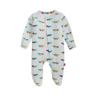 A baby footed sleeper in a very light blue-gray color, covered in a colorful dinosaur print, shown against a plain white background.