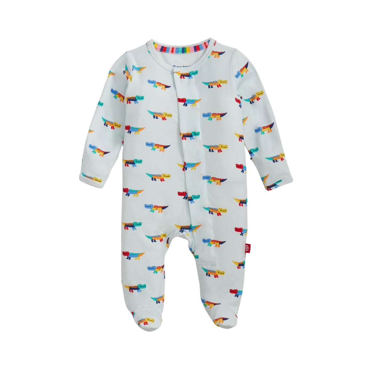 A baby footed sleeper in a very light blue-gray color, covered in a colorful dinosaur print, shown against a plain white background.