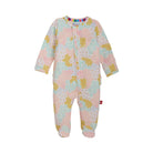 A baby footed sleeper with a pastel pink, light blue, and yellow floral pattern, featuring a snap-button front and long sleeves.