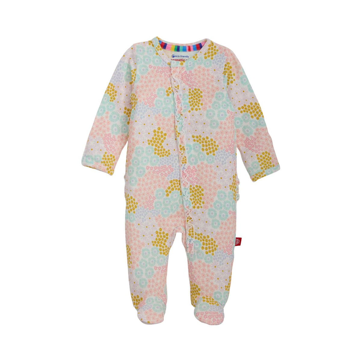 A baby footed sleeper with a pastel pink, light blue, and yellow floral pattern, featuring a snap-button front and long sleeves.