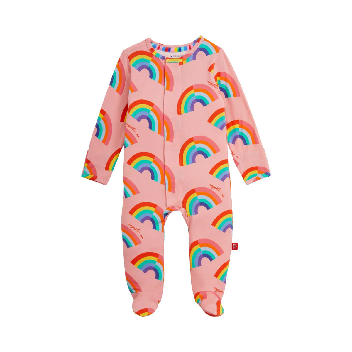 A baby footed sleeper in light pink with a colorful rainbow pattern, featuring a front zipper and long sleeves and legs.