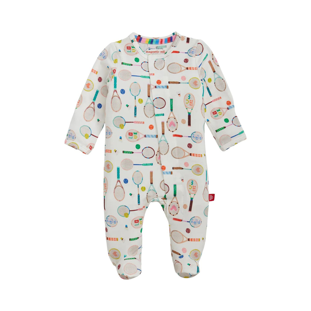 A baby footed sleeper with long sleeves and an all-over tennis racket print on a cream-colored fabric, shown against a plain white background.