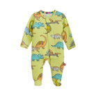 A baby footed sleeper in light yellow-green with a colorful cartoon dinosaur print, featuring a front zipper and long sleeves and legs.