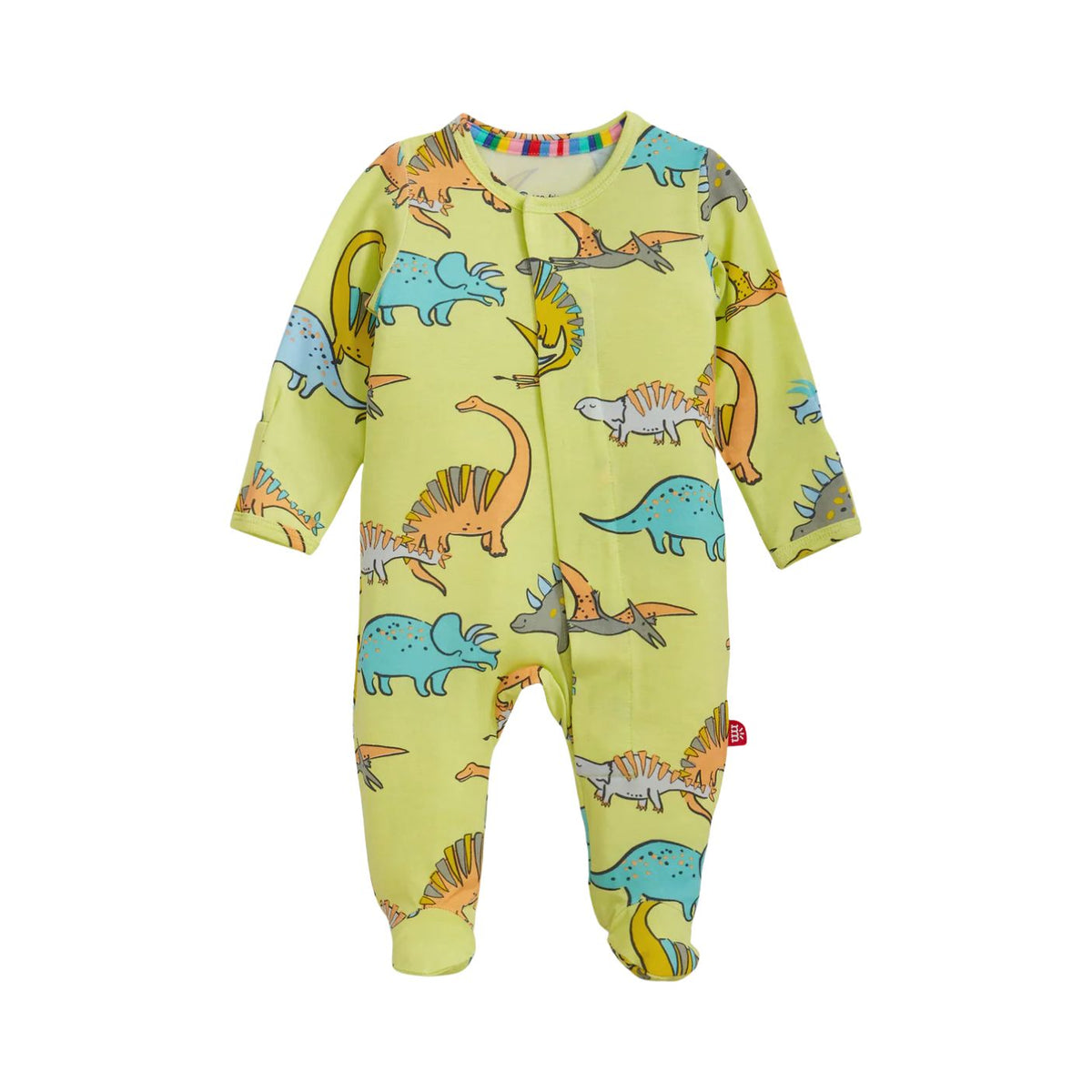 A baby footed sleeper in light yellow-green with a colorful cartoon dinosaur print, featuring a front zipper and long sleeves and legs.