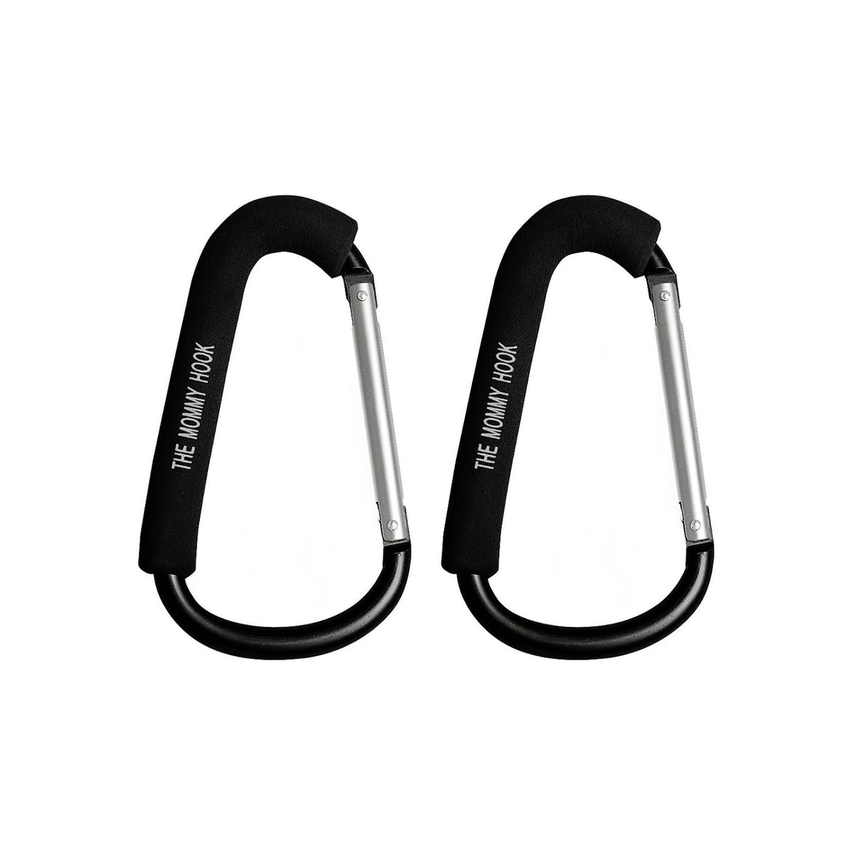 Two black carabiners with silver clips on a white background