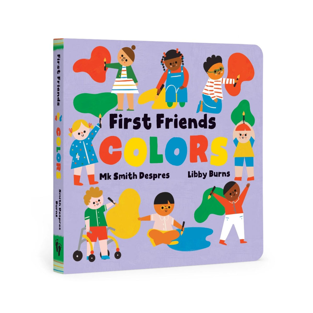 Children's book titled 'First Friends Colors' with illustrations of children holding colored shapes on a purple background.