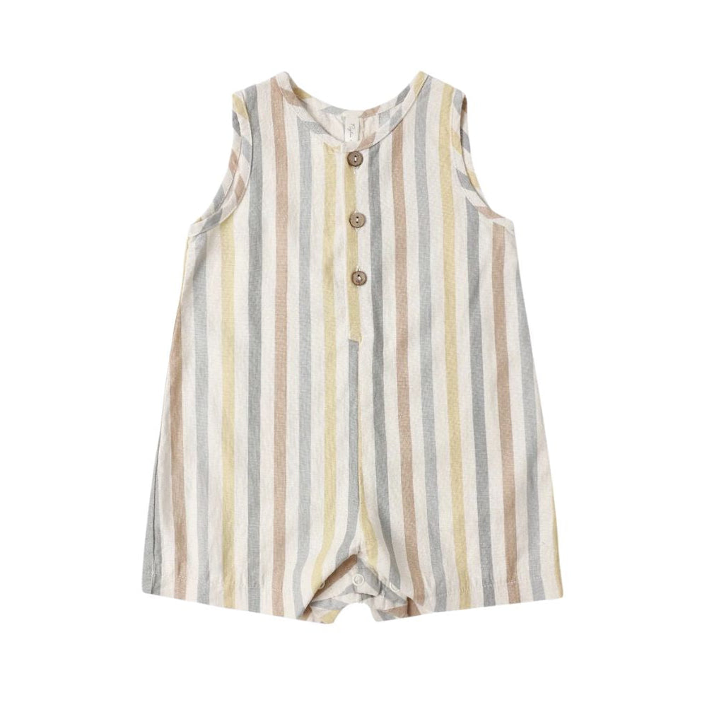 A sleeveless baby romper with vertical stripes in beige, yellow, gray, and brown, featuring a buttoned henley neckline and short legs, shown on a plain white background.