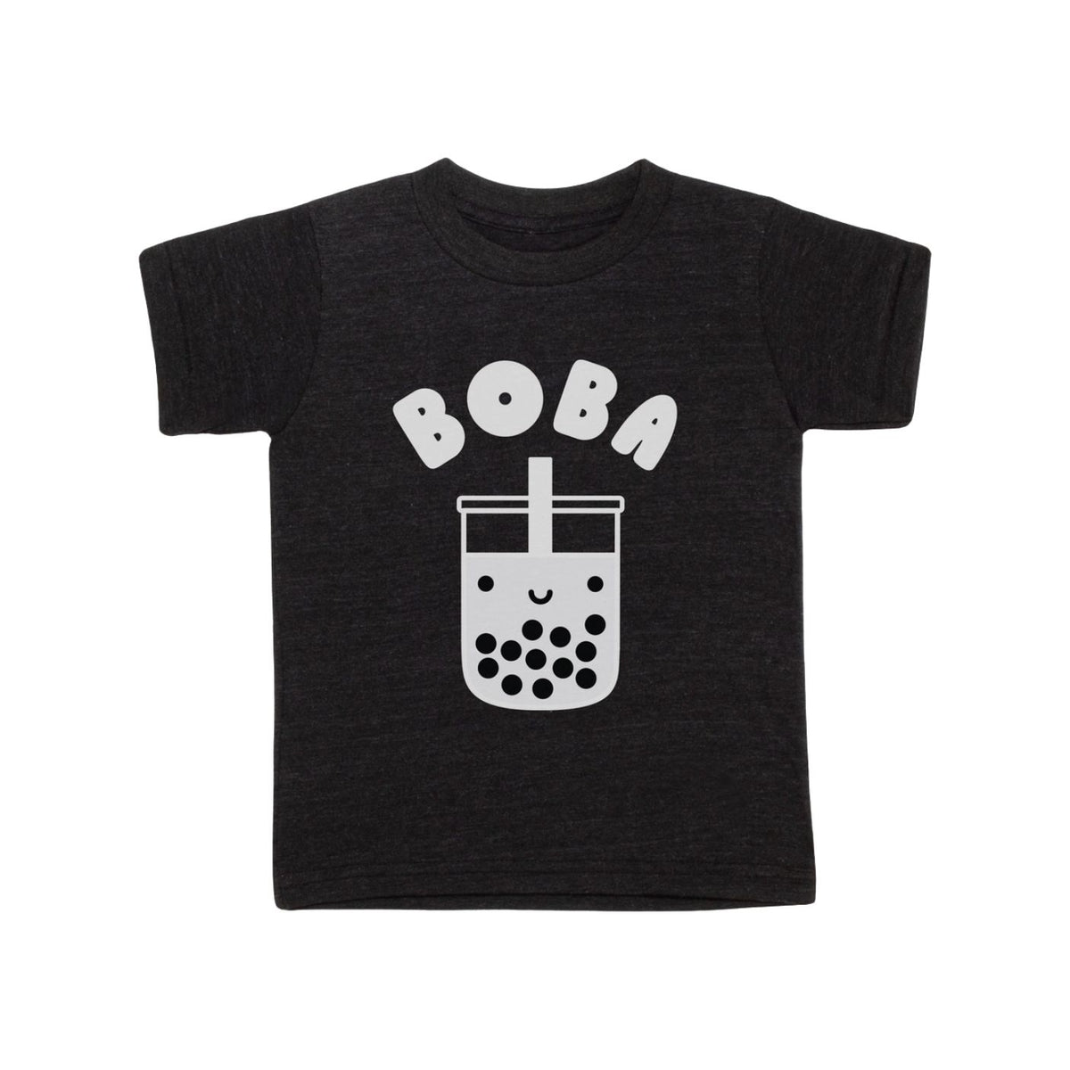 Black t-shirt with 'BOBA' and a bubble tea graphic on a white background