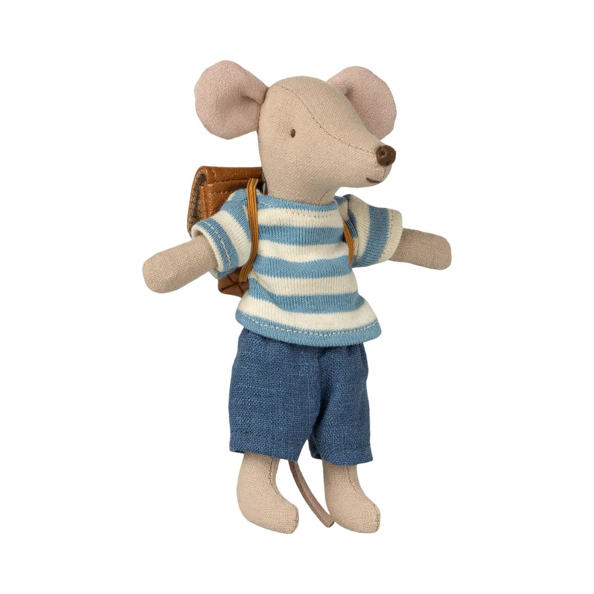 Stuffed mouse toy wearing a striped sweater and shorts on a white background
