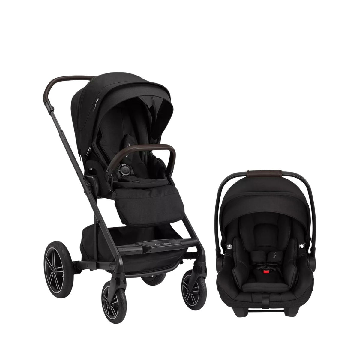 A black stroller and matching infant car seat travel system shown on a clean white background. The stroller features a dark frame, black canopy, and a small brown leatherette handlebar, while the car seat is positioned to the right.